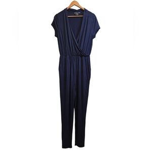Kate & Mallory Navy Blue Wrap Top Shortsleeve Casual Jumpsuit Pockets Size M EUC
